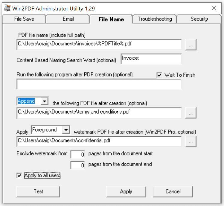Win2PDF Admin Utility File Name Configuration