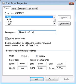 Forms tab of Windows Vista print server properties