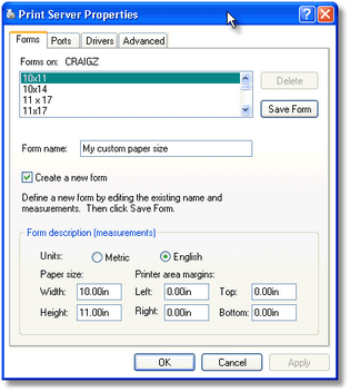 Forms tab of Windows XP print server properties