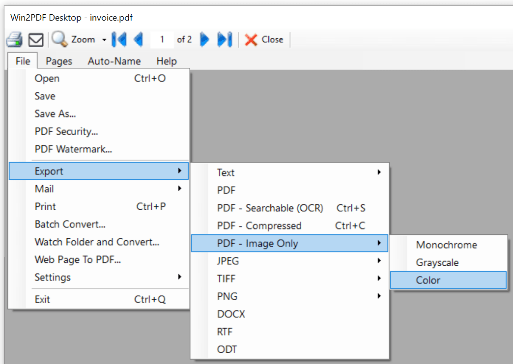 Win2PDF Desktop - Export XPS to PDF Image Only Menu