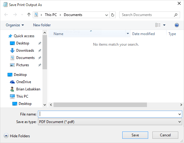 The Microsoft Print to PDF file save window