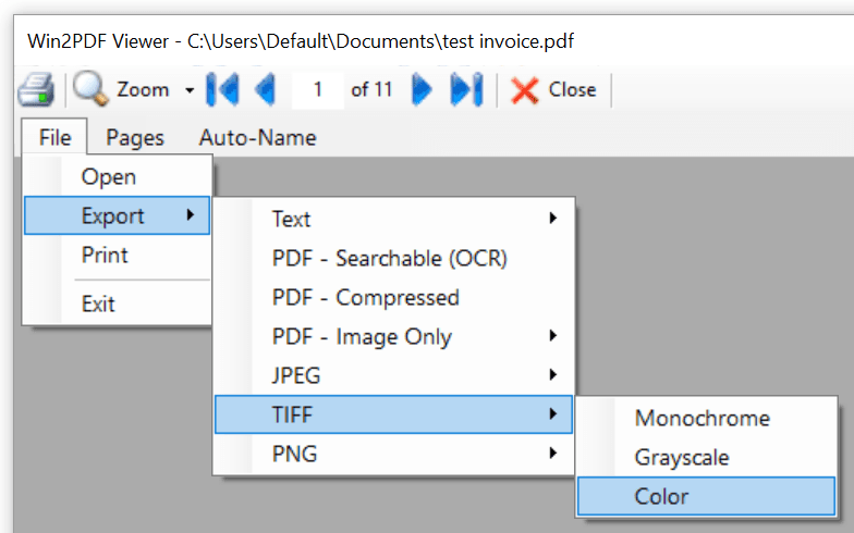 Win2PDF Desktop - Export XPS to TIFF menu