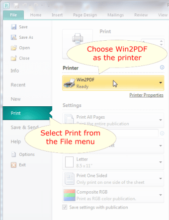Publisher screen for printing to Win2PDF