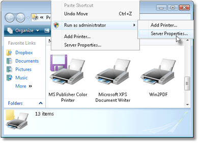 Selecting "Run as administrator" -> "Server Properties..." from the Windows Vista printers folder.