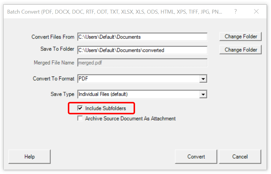 Win2PDF Desktop - Batch Convert Include Subfolders