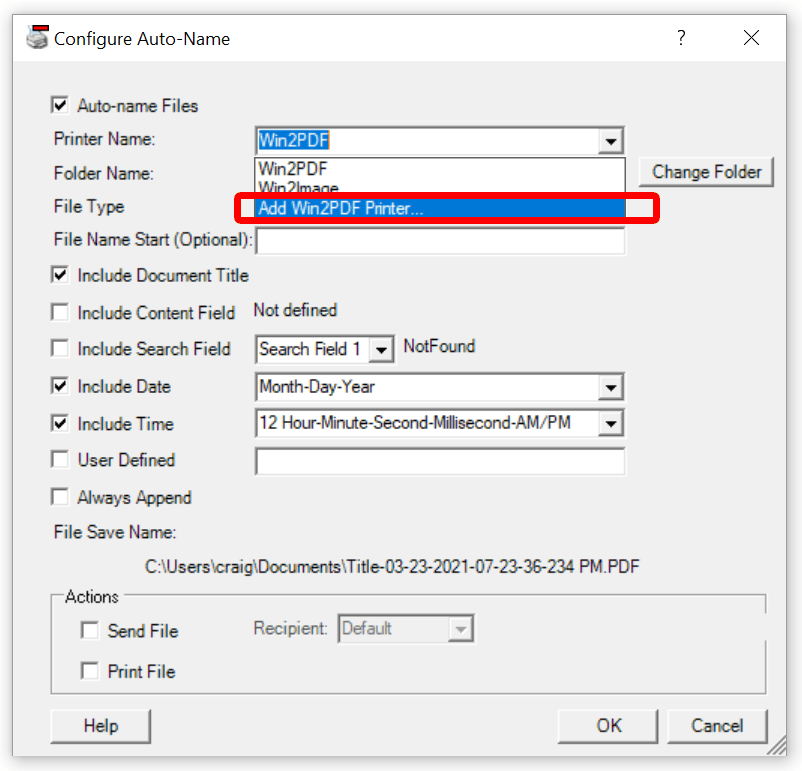 Configure Win2PDF Auto-name: Add Printer