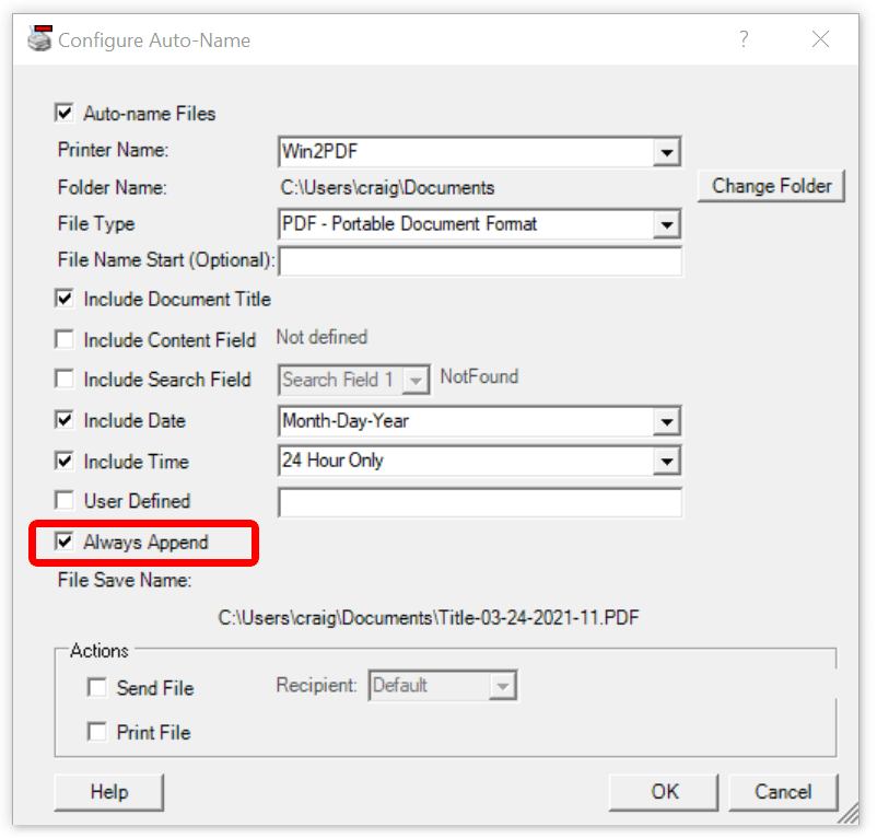 Win2PDF Desktop Configure Auto Name Settings: Always Append