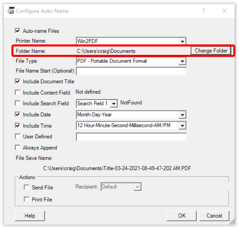 Win2PDF Desktop Configure Auto-Name Folder