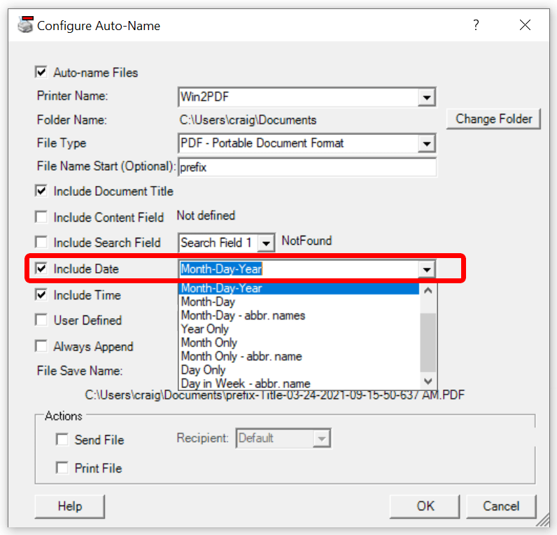 Win2PDF Desktop Auto-Name Settings - Include Date