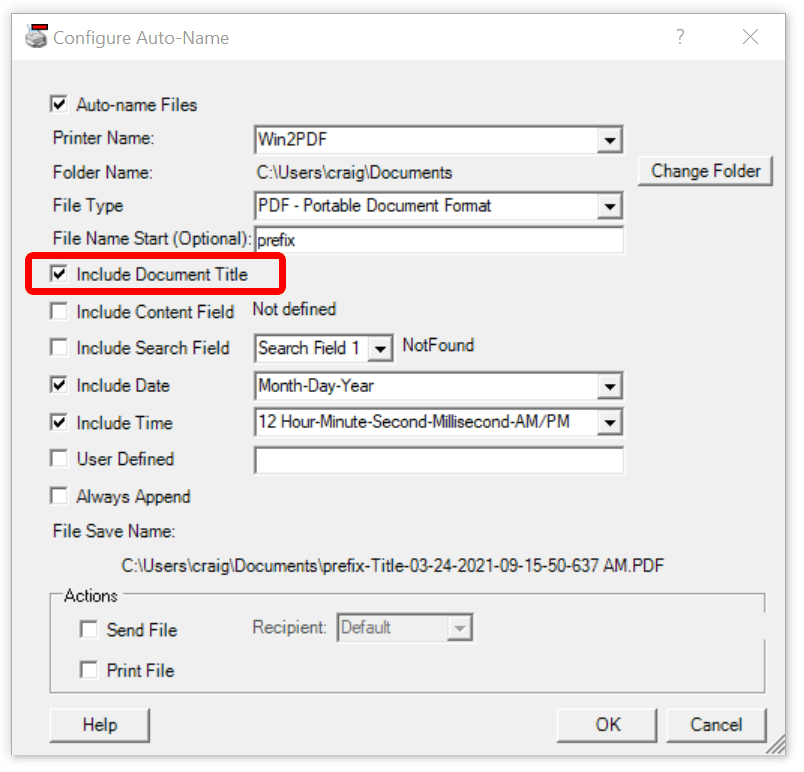 Win2PDF Desktop Auto-Name Settings - Include Document Title