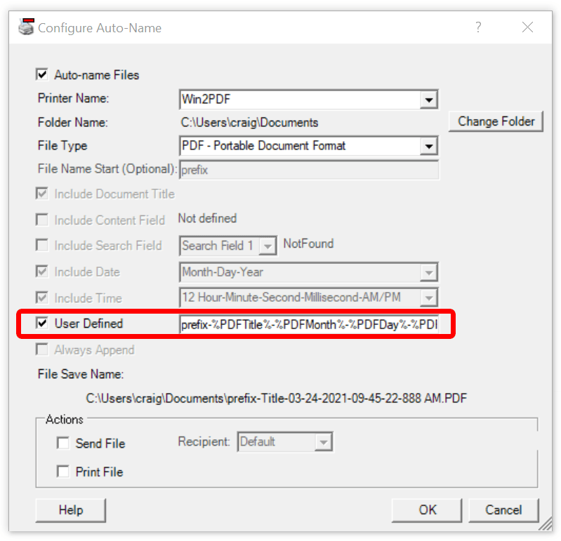 Win2PDF Desktop Auto-Name Settings - User Defined