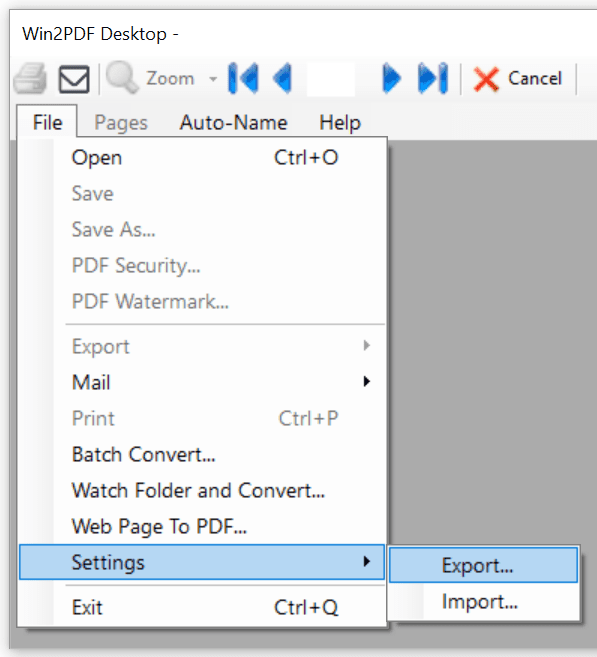 Win2PDF Desktop - Export/Import Settings