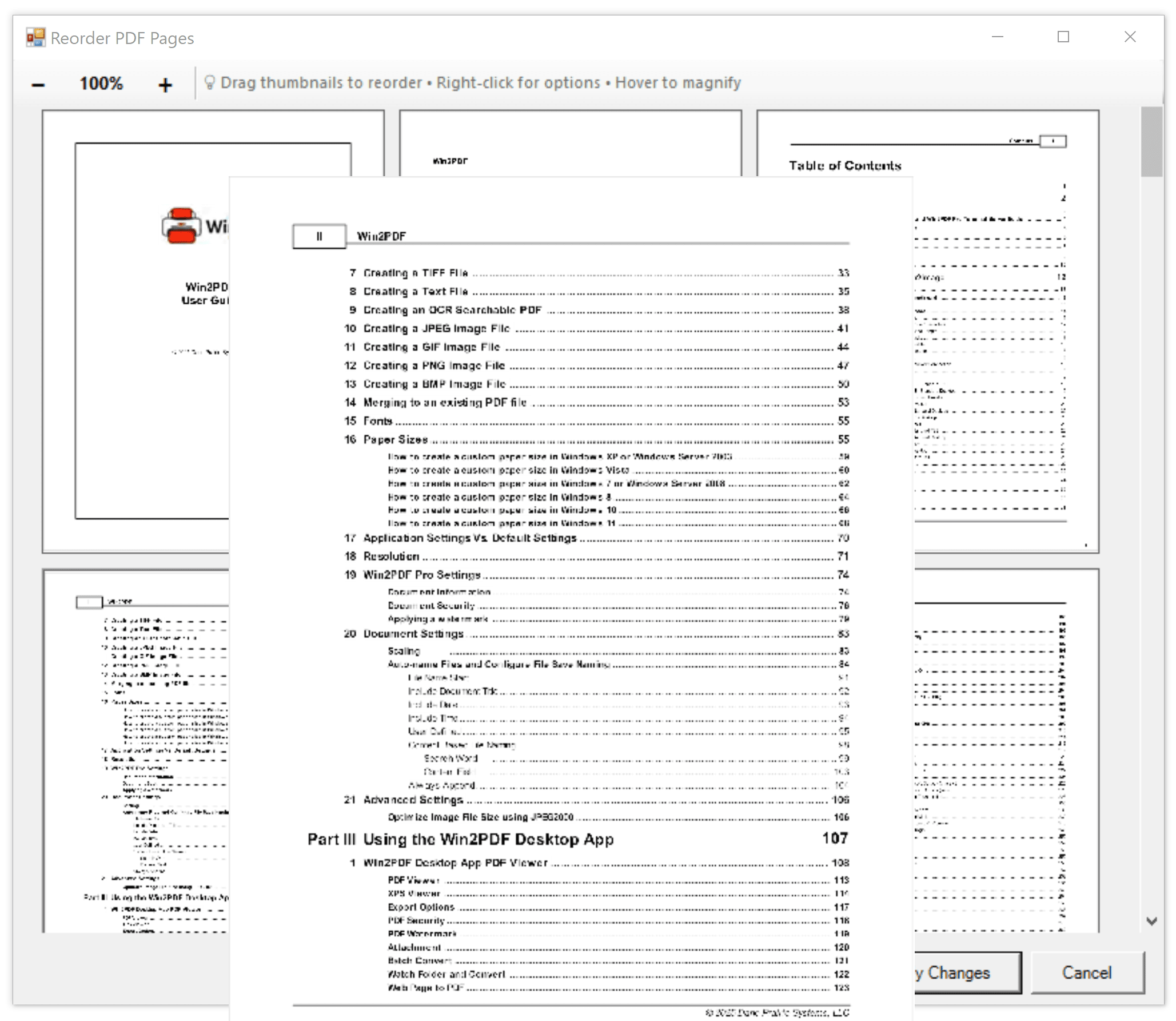 Win2PDF Desktop - Reorder Pages Magnified View