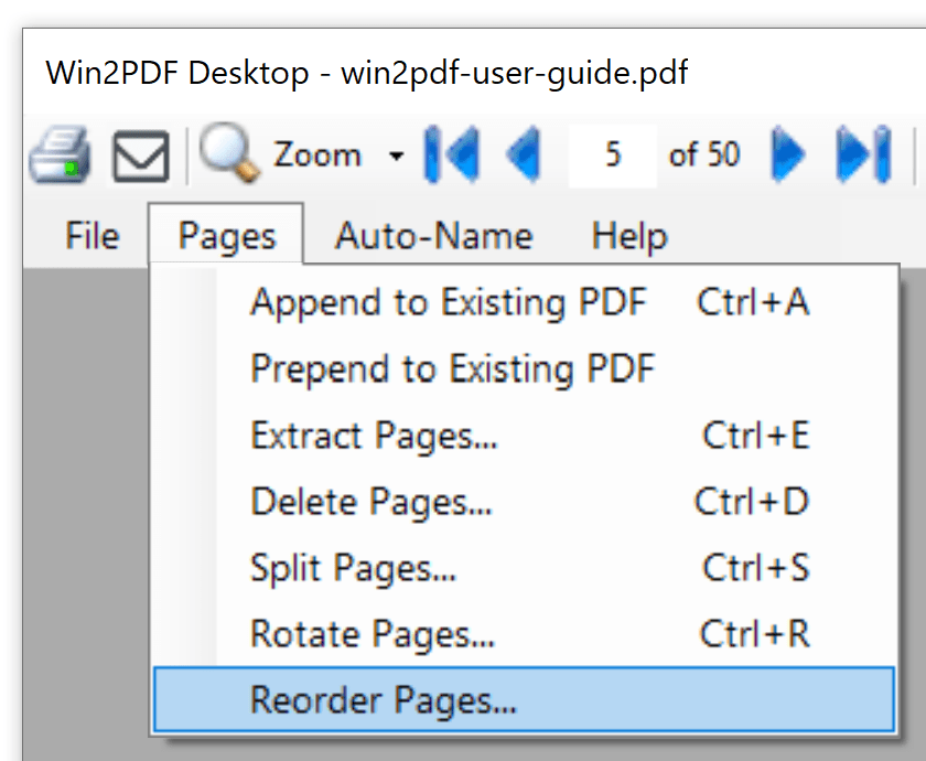 Win2PDF Desktop - Reorder Pages Menu