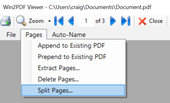 Win2PDF Desktop - Split Pages Menu