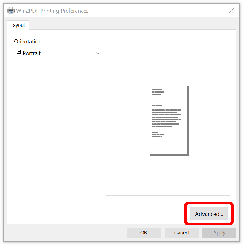 Win2PDF Printing Preferences Advanced Settings