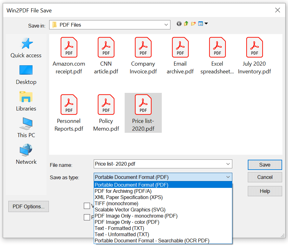 Win2PDF file save window